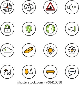line vector icon set - radar vector, angel, steep roadside road sign, volume off, locked, shield, globe, speaker horn, cloud, gold, sun, flower, bucket scoop, forest, skateboard, chat