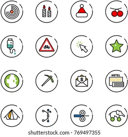 line vector icon set - radar vector, candle, christmas hat, rowanberry, drop counter, road for moto sign, cursor, star, globe, job, mail dollar, sea hotel, tent, bezier, steel rolling