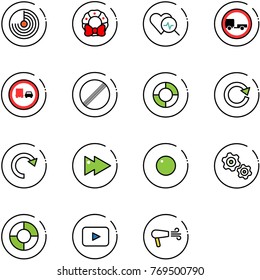 line vector icon set - radar vector, christmas wreath, heart diagnosis, no trailer road sign, truck overtake, limit, lifebuoy, reload, redo, fast forward, record, gears, circle chart, playback