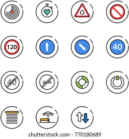 line vector icon set - radar vector, stopwatch heart, round motion road sign, prohibition, speed limit 120, only forward, detour, minimal, end, overtake, lifebuoy, standby, jalousie, inflatable pool