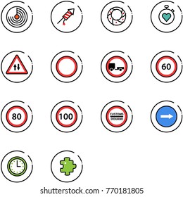 line vector icon set - radar vector, firework rocket, christmas wreath, stopwatch heart, oncoming traffic road sign, prohibition, no trailer, speed limit 60, 80, 100, customs, only right, time