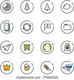line vector icon set - radar vector, christmas tree, lemon, breads, exchange, dollar flag, folder, paper plane, globe, money bag, crown, beer, work knife, water gun
