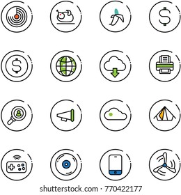 line vector icon set - radar vector, turkey, banana, dollar sign, coin, globe, download cloud, printer, head hunter, speaker horn, tent, joystick wireless, cd, mobile phone, wind mill