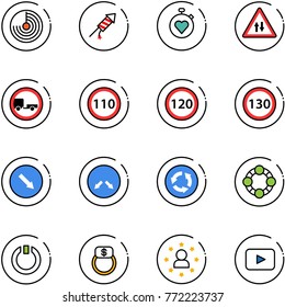 line vector icon set - radar vector, firework rocket, stopwatch heart, oncoming traffic road sign, no trailer, speed limit 110, 120, 130, detour, circle, friends, standby, finger ring, star man