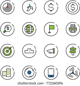 line vector icon set - radar vector, banana, dollar sign, coin, money search, globe, flag, printer, target, pedestal, speaker horn, signpost, building, cd, mobile phone, wind mill