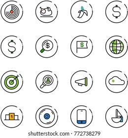 line vector icon set - radar vector, turkey, banana, dollar sign, money search, flag, globe, target, head hunter, speaker horn, cloud, pedestal, cd, mobile phone, sailboat toy