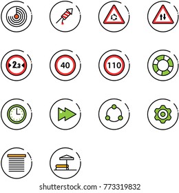 line vector icon set - radar vector, firework rocket, round motion road sign, oncoming traffic, limited width, speed limit 40, 110, lifebuoy, time, fast forward, community, gear, jalousie