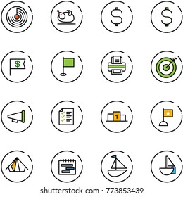 line vector icon set - radar vector, turkey, dollar sign, flag, printer, target, speaker horn, list, pedestal, tent, terms plan, sailboat toy