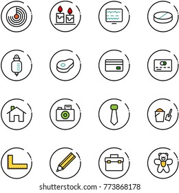 line vector icon set - radar vector, candle, diagnostic monitor, pill, drop counter, meat, credit card, home, camera, tie, bucket scoop, corner ruler, pencil, tool box, bear toy