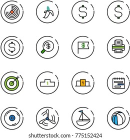 line vector icon set - radar vector, banana, dollar sign, coin, money search, flag, printer, target, pedestal, terms plan, cd, wind mill, sailboat toy, basketball