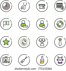 line vector icon set - radar vector, stethoscope, receipt, calendar, dollar flag, user password, login, lifebuoy, star, cup, tie, tv news, chisel, brush, toy monster