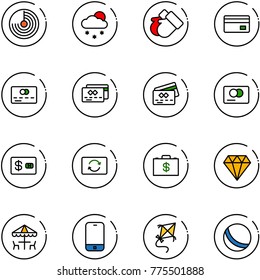 line vector icon set - radar vector, snowfall, gloves, credit card, exchange, money case, diamond, outdoor cafe, mobile phone, kite, ball