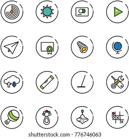 line vector icon set - radar vector, sun, credit card, play, paper plane, certificate, shell, globe, cloud exchange data, level, rake, wrench screwdriver, beanbag, wirligig toy, Tic tac toe