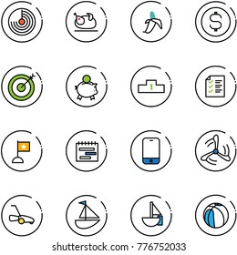 line vector icon set - radar vector, turkey, banana, dollar coin, target, piggy bank, pedestal, list, flag, terms plan, mobile phone, wind mill, lawn mower, sailboat toy, basketball