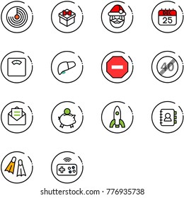 line vector icon set - radar vector, gift, santa claus, 25 dec calendar, floor scales, liver, no way road sign, end speed limit, opened mail, piggy bank, rocket, contact book, flippers