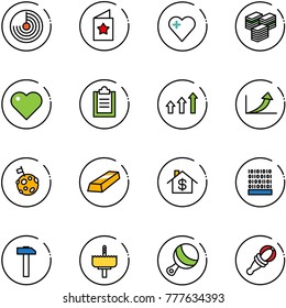 line vector icon set - radar vector, star postcard, heart, big cash, clipboard, arrows up, growth arrow, moon flag, gold, home dollar, binary code, hammer, crown drill, beanbag