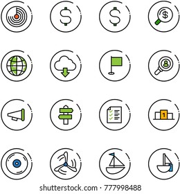line vector icon set - radar vector, dollar sign, money search, globe, download cloud, flag, head hunter, speaker horn, signpost, list, pedestal, cd, wind mill, sailboat toy