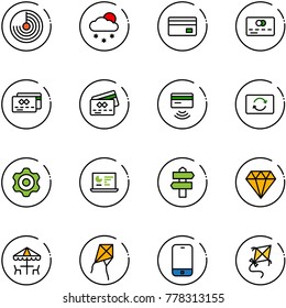 line vector icon set - radar vector, snowfall, credit card, tap pay, exchange, gear, statistics monitor, signpost, diamond, outdoor cafe, kite, mobile phone