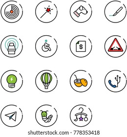 line vector icon set - radar vector, Magic wand, dog, scalpel, mri, disabled, account statement, drawbridge road sign, idea, air balloon, coconut cocktail, phone, paper plane, toy caterpillar