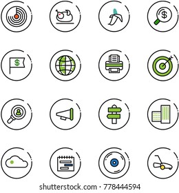 line vector icon set - radar vector, turkey, banana, money search, dollar flag, globe, printer, target, head hunter, speaker horn, signpost, building, cloud, terms plan, cd, lawn mower