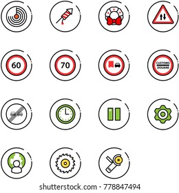 line vector icon set - radar vector, firework rocket, christmas wreath, oncoming traffic road sign, speed limit 60, 70, no truck overtake, customs, end, time, pause, gear, man globe, saw disk
