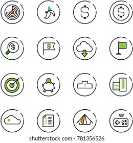 line vector icon set - radar vector, banana, dollar sign, coin, money search, flag, download cloud, target, piggy bank, pedestal, building, list, tent, joystick wireless