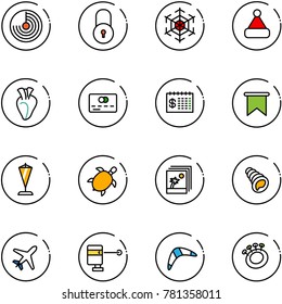line vector icon set - radar vector, lock, snowflake, christmas hat, heart, credit card, finance calendar, flag, pennant, sea turtle, photo, shell, plane, laser lever, boomerang, beanbag
