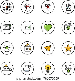 line vector icon set - radar vector, snowman, holly, lab, credit card, tap pay, heart, camera, idea, finance management, paper fly, starfish, car baggage, printer wireless, bulb, bear toy