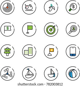 line vector icon set - radar vector, turkey, banana, money search, dollar flag, target, head hunter, signpost, building, mobile phone, wind mill, sailboat toy, basketball