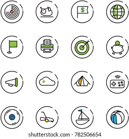 line vector icon set - radar vector, turkey, dollar flag, globe, printer, target, piggy bank, speaker horn, cloud, tent, joystick wireless, cd, lawn mower, sailboat toy, basketball