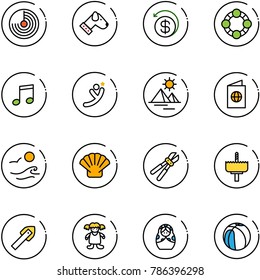 line vector icon set - radar vector, dog, money back, friends, music, flying man, pyramid, passport, waves, shell, bolt cutter, crown drill, tile, doll, russian, basketball