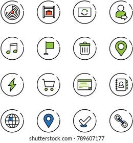 line vector icon set - radar vector, baggage room, card exchange, user login, music, flag, trash bin, map pin, lightning, cart, schedule, contact book, globe, navigation, check, link