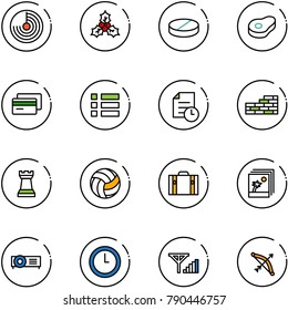 line vector icon set - radar vector, holly, pill, meat, credit card, menu, history, brick wall, chess tower, volleyball, suitcase, photo, projector, clock, fine signal, bow