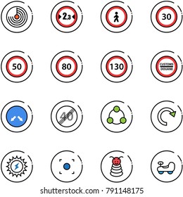 line vector icon set - radar vector, limited width road sign, no pedestrian, speed limit 30, 50, 80, 130, customs, detour, end, social, redo, sun power, record button, pyramid toy, baby car