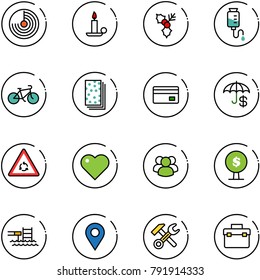 line vector icon set - radar vector, candle, holly, drop counter, bike, breads, credit card, insurance, round motion road sign, heart, group, money tree, pool, navigation pin, wrench hammer