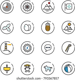 line vector icon set - radar vector, firework, mountains, first aid room, three leafs, eggs, pineapple, pyramid, lighthouse, sun power, chat, plumber, crown drill, doll, toy horse, basketball