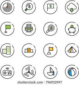 line vector icon set - radar vector, money search, dollar flag, download cloud, printer, head hunter, piggy bank, building, pedestal, tent, joystick wireless, wind mill, sailboat toy, basketball