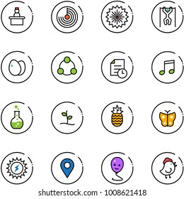 line vector icon set - recieptionist vector, radar, firework, pull ups, eggs, social, history, music, round flask, sproute, pineapple, butterfly, sun power, navigation pin, balloon smile
