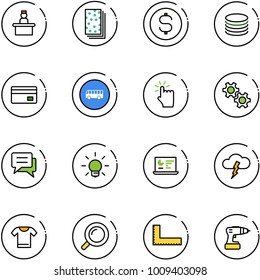 line vector icon set - recieptionist vector, breads, dollar coin, credit card, bus road sign, hand touch, gear, chat, bulb, statistics monitor, storm, t shirt, magnifier, corner ruler, drill