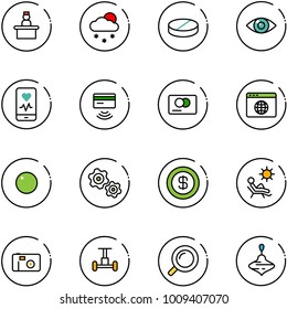 line vector icon set - recieptionist vector, snowfall, pill, eye, mobile heart monitor, tap pay, credit card, browser globe, record, gears, dollar, beach, photo, gyroscope, magnifier, wirligig toy
