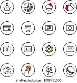 line vector icon set - recieptionist vector, radar, snowfall, gloves, credit card, tap pay, exchange, money case, account statistics, gear, monitor, outdoor cafe, kite, clamp, ball