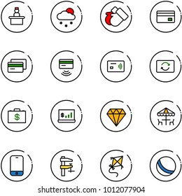line vector icon set - recieptionist vector, snowfall, gloves, credit card, tap pay, exchange, money case, account statistics, diamond, outdoor cafe, mobile phone, clamp, kite, ball