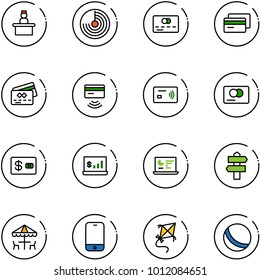 line vector icon set - recieptionist vector, radar, credit card, tap pay, account statistics, monitor, signpost, outdoor cafe, mobile phone, kite, ball