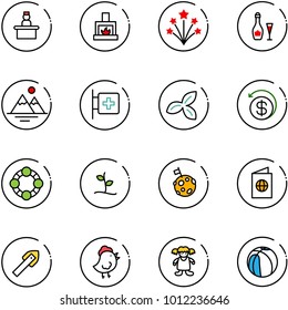 line vector icon set - recieptionist vector, fireplace, firework, wine, mountains, first aid room, three leafs, money back, friends, sproute, moon flag, passport, tile drill, chicken toy, doll