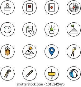 line vector icon set - recieptionist vector, passport, radar, eggs, history, idea, pyramid flag, pineapple, navigation pin, plumber, drill, crown, basketball