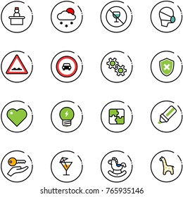 line vector icon set - recieptionist vector, snowfall, no alcohol sign, medical mask, rough road, car, gear, shield cross, heart, idea, puzzle, highlight marker, key hand, drink, rocking horse
