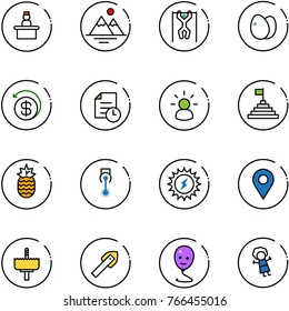 line vector icon set - recieptionist vector, mountains, pull ups, eggs, money back, history, idea, pyramid flag, pineapple, laser, sun power, navigation pin, crown drill, tile, balloon smile, doll