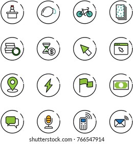 line vector icon set - recieptionist vector, lemon, bike, breads, coin, account history, cursor, browser, map pin, lightning, flag, money, dialog, microphone, mobile phone, wireless mail