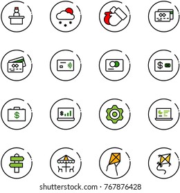 line vector icon set - recieptionist vector, snowfall, gloves, credit card, tap pay, money case, account statistics, gear, monitor, signpost, outdoor cafe, kite