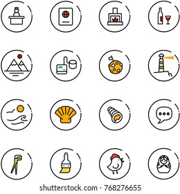 line vector icon set - recieptionist vector, passport, fireplace, wine, mountains, tonometer, moon flag, lighthouse, waves, shell, chat, plumber, brush, chicken toy, russian doll